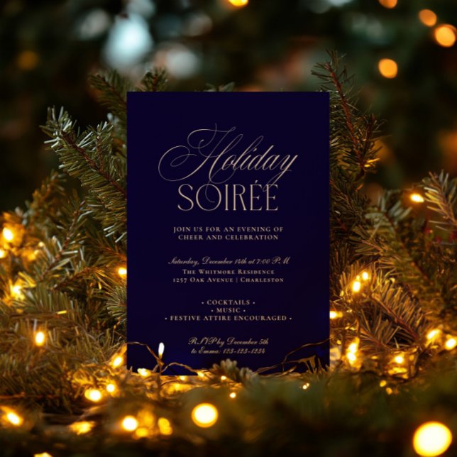 Cartão De Festividades Elegant Dark Blue Holiday Dinner Party Invitation (Elegant Dark Blue Holiday Dinner Party Invitation)
