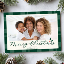 Elegant Dark Green Plaid Merry Christmas Photo