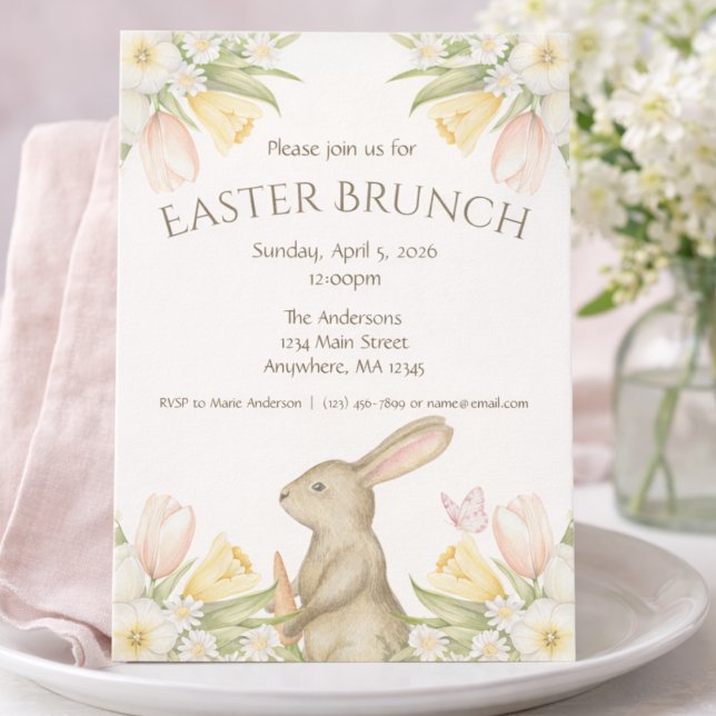 Cartão De Festividades Elegant Easter Brunch Invitation | Bunny & Tulips (Criador carregado)
