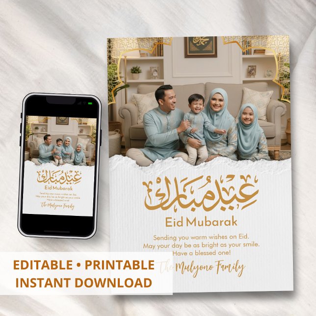 Cartão De Festividades Elegant Family Photo Eid Mubarak Gold Arabic Card (Criador carregado)