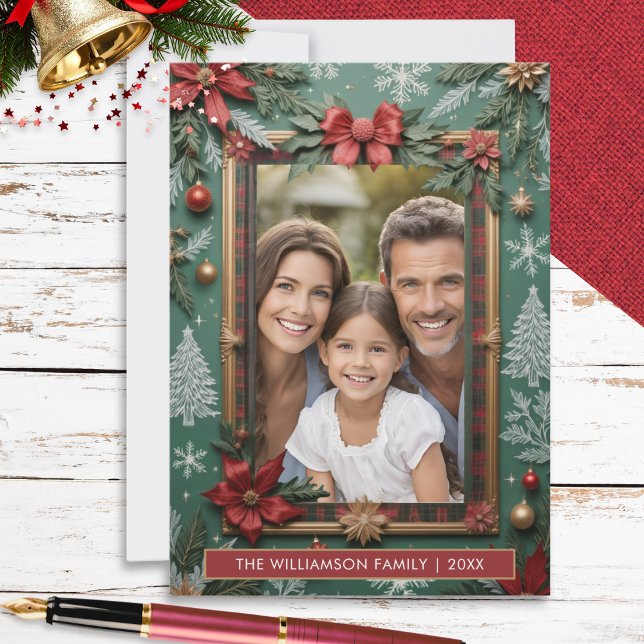 Cartão De Festividades Elegant Faux-Embellished Flat Christmas (An elegant Christmas card in festive red, green and white, with space for your custom photo and name)
