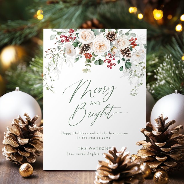 Cartão De Festividades Elegant Festive Floral Merry And Bright Christmas (Elegant Festive Floral Merry And Bright Christmas Holiday Card)