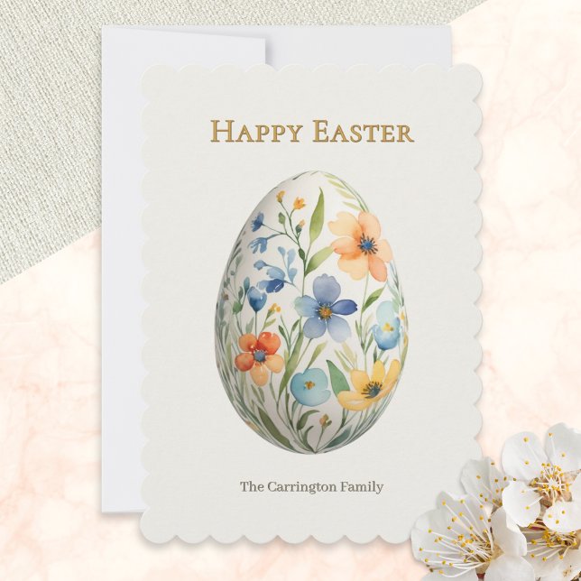 Cartão De Festividades Elegant Floral Egg Pretty Spring Flowers Easter (An Easter card with floral egg design in a vintage style, Happy Easter greeting and custom text)