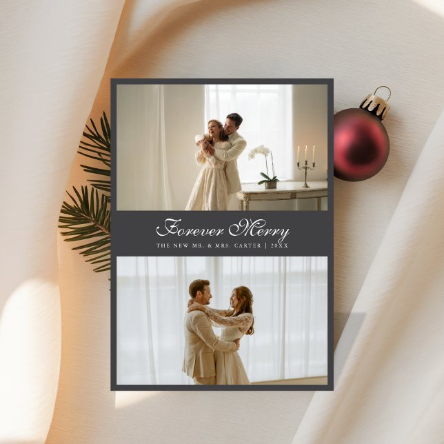 Cartão De Festividades Elegant Forever Merry Newlywed Photo Holiday Card (Criador carregado)