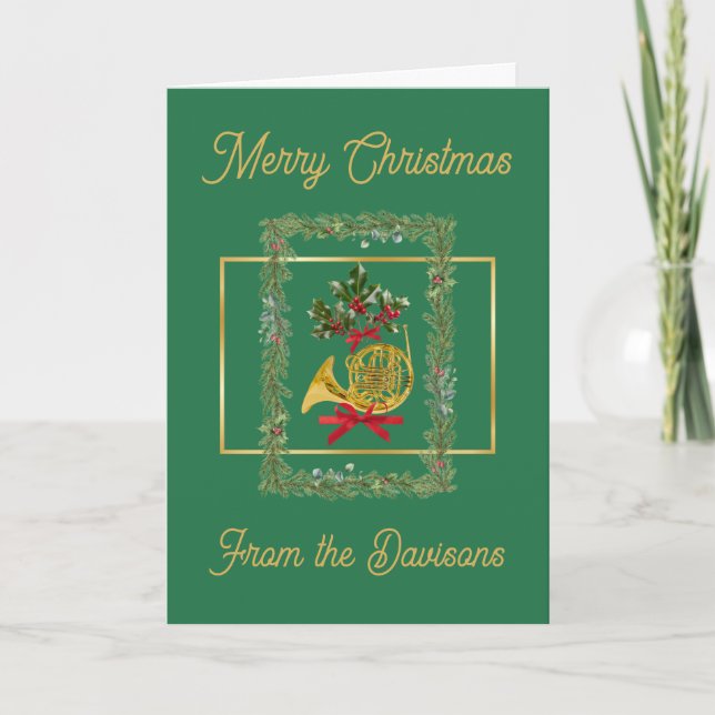 Cartão De Festividades Elegant French Horn Christmas Green (Frente)