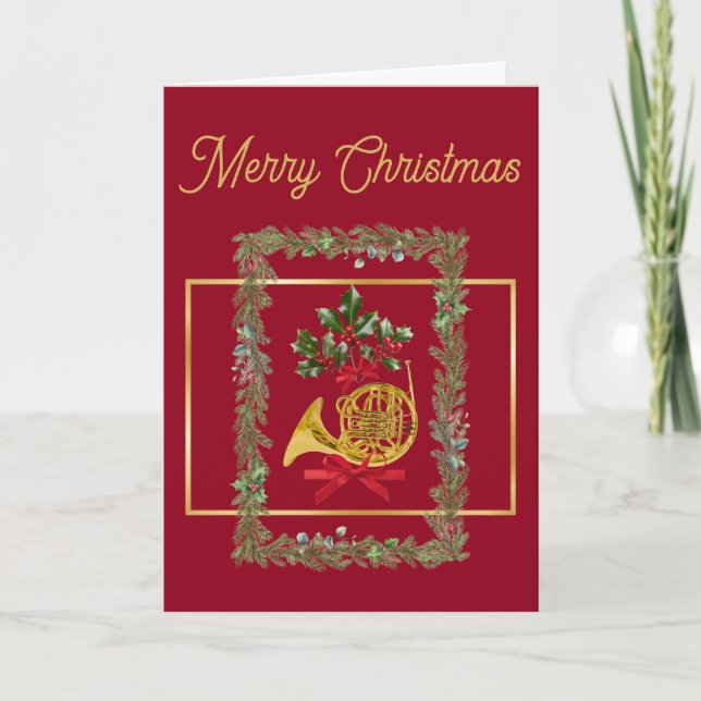 Cartão De Festividades Elegant French Horn Christmas Maroon (Frente)