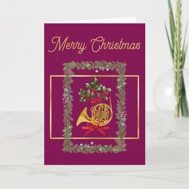Cartão De Festividades Elegant French Horn Christmas Purple (Frente)
