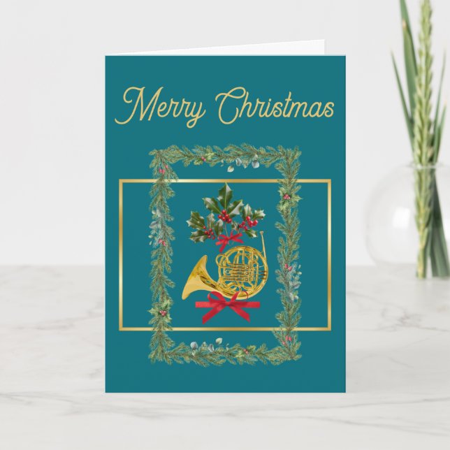 Cartão De Festividades Elegant French Horn Christmas Teal (Frente)