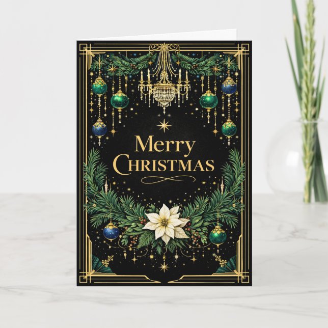Cartão De Festividades Elegant Gold Art Deco Chandelier Christmas  (Frente)
