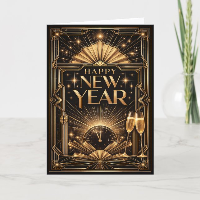 Cartão De Festividades Elegant Gold Art Deco Happy New Year (Frente)