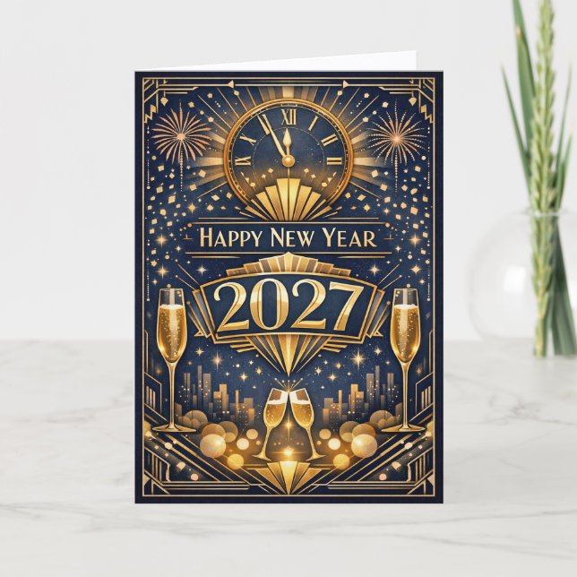 Cartão De Festividades Elegant Gold Art Deco New Year Celebration (Frente)