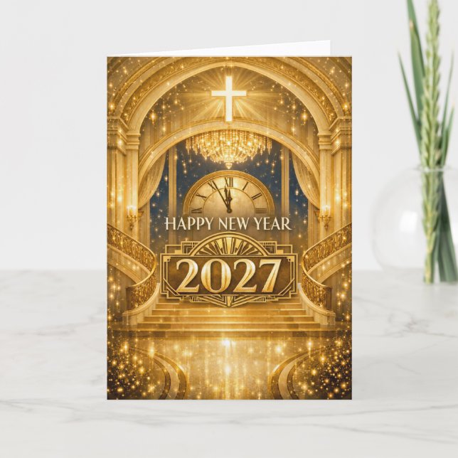 Cartão De Festividades Elegant Gold Christian Happy New Year 2027 (Frente)