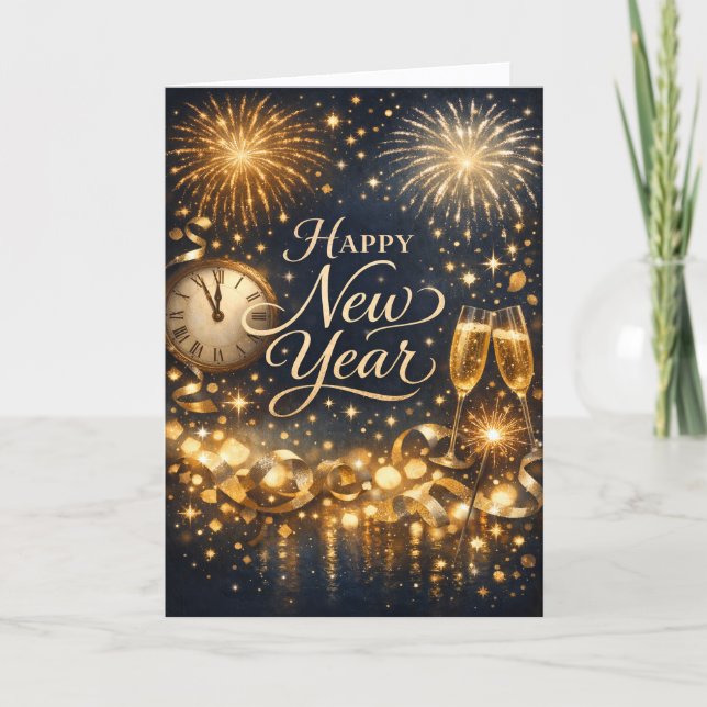 Cartão De Festividades Elegant Gold Fireworks Midnight Happy New Year (Frente)