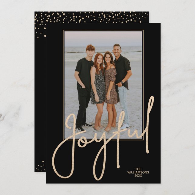 Cartão De Festividades Elegant Gold JOYFUL Script Black Photo Christmas (Frente/Verso)