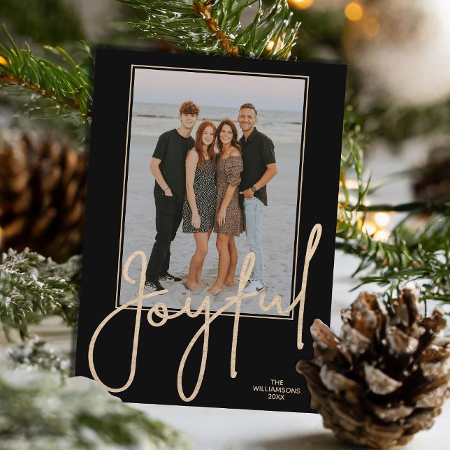Cartão De Festividades Elegant Gold JOYFUL Script Black Photo Christmas (Elegant Gold JOYFUL Script on black photo Christmas holiday cards, PRINTED and/or INSTANT DOWNLOAD)