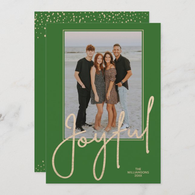 Cartão De Festividades Elegant Gold JOYFUL Script Green Photo Christmas (Frente/Verso)