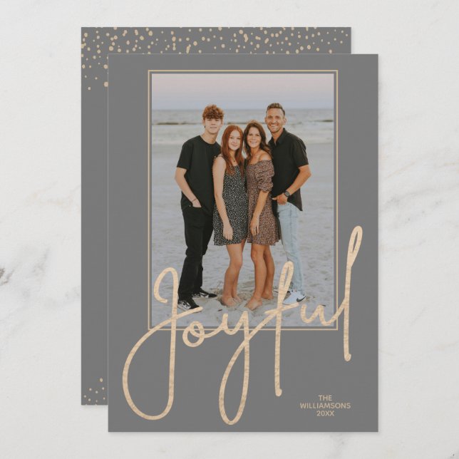 Cartão De Festividades Elegant Gold JOYFUL Script on Grey Photo Christmas (Frente/Verso)