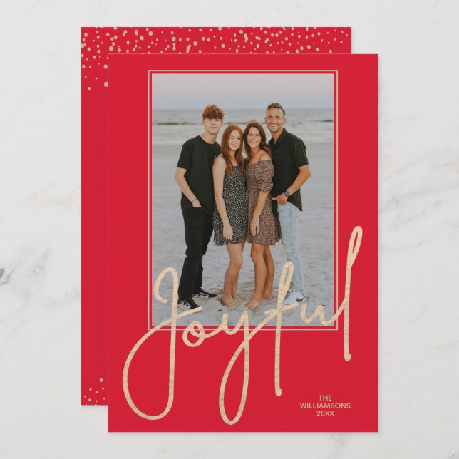 Cartão De Festividades Elegant Gold JOYFUL Script on Red Photo Christmas (Frente/Verso)