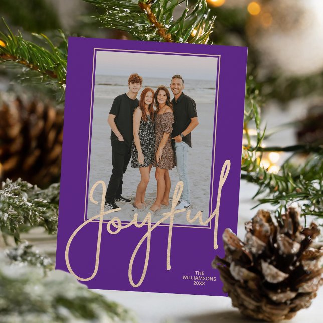 Cartão De Festividades Elegant Gold JOYFUL Script Purple Photo Christmas (Elegant Gold JOYFUL Script on purple photo Christmas holiday cards, PRINTED and/or INSTANT DOWNLOAD)