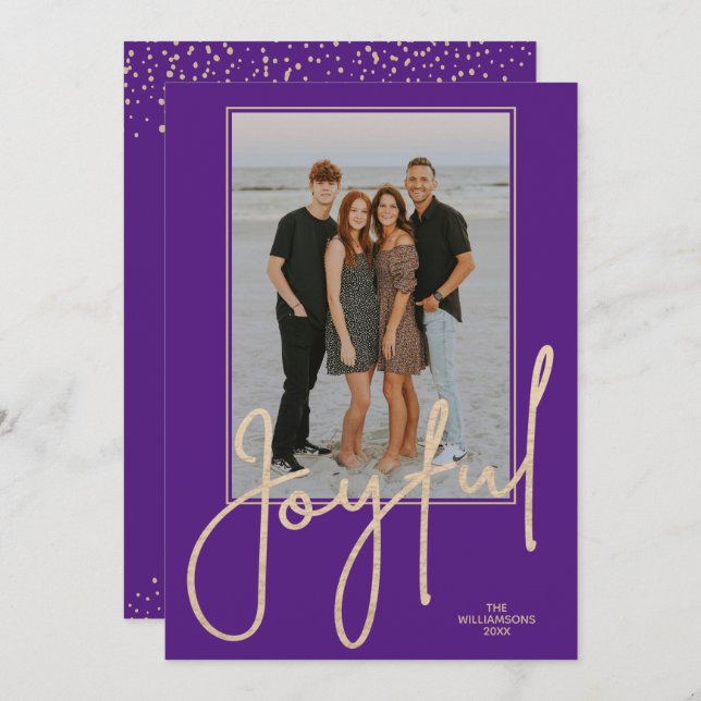 Cartão De Festividades Elegant Gold JOYFUL Script Purple Photo Christmas (Frente/Verso)