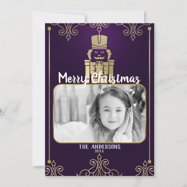 Cartão De Festividades Elegant Gold Purple Nutcracker Holiday Photo Card (Frente)