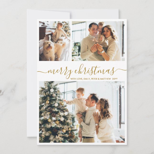 Cartão De Festividades Elegant Gold Script 3 Photo Collage Christmas (Frente)