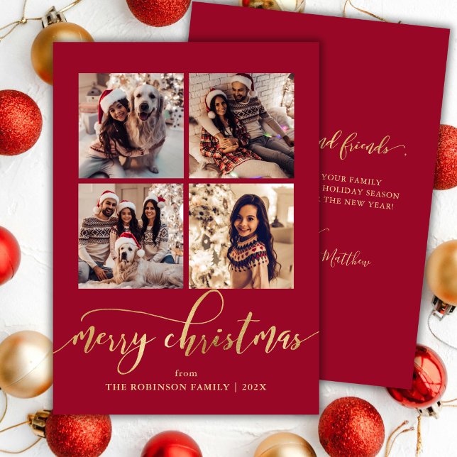 Cartão De Festividades Elegant Gold Script 4 Photo Collage Red Christmas  (Criador carregado)