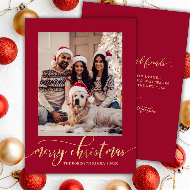 Cartão De Festividades Elegant Gold Script One Photo Red Christmas  (Criador carregado)