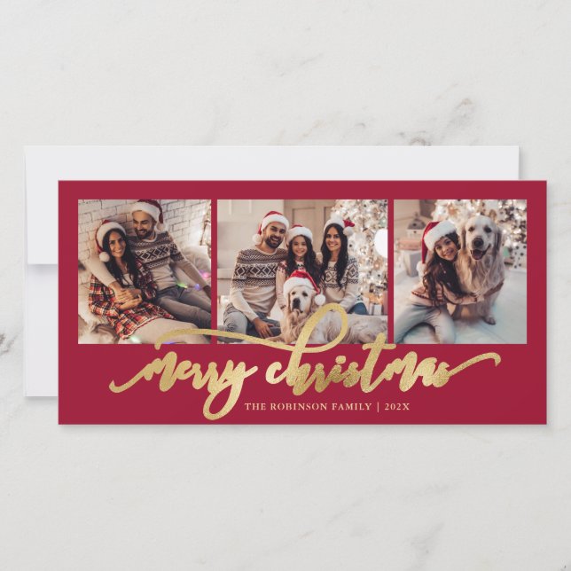 Cartão De Festividades Elegant Gold Script Red 3 Photo Collage Christmas (Frente)