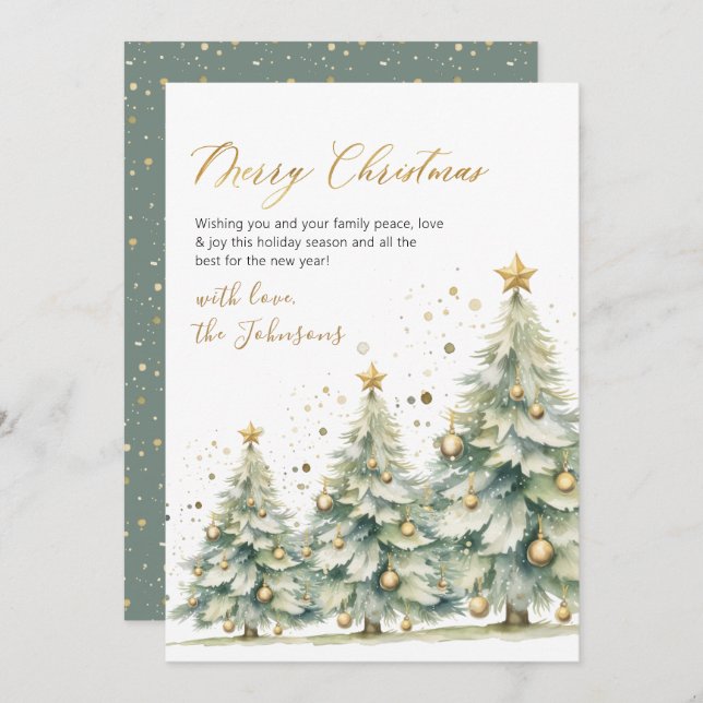 Cartão De Festividades Elegant Gold Script Watercolor Christmas Tree  (Frente/Verso)