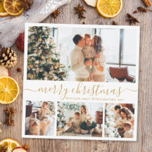 Elegant Gold White 4 Photo Collage Christmas