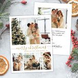 Cartão De Festividades Elegant Gold White 4 Photo Collage Christmas Holid<br><div class="desc">Minimalist, Elegant Calligraphy White and Gold 4 Photo Collage Merry Christmas Script Holiday Card. This festive, simple, whimsical four (4) photo holiday card template features a pretty photo collage and says „Merry Christmas”! The „Merry Christmas” greeting text is written in a beautiful hand lettered swirly swash-tail font type in gold...</div>