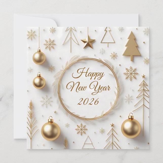 Cartão De Festividades Elegant Gold & White Modern Happy New Year 2026 (Frente)