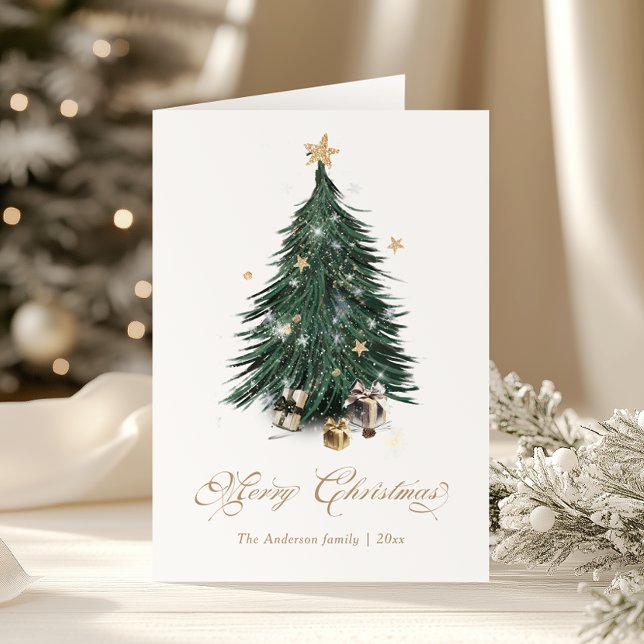 Cartão De Festividades Elegant Golden Script Christmas tree Holiday Card (Criador carregado)