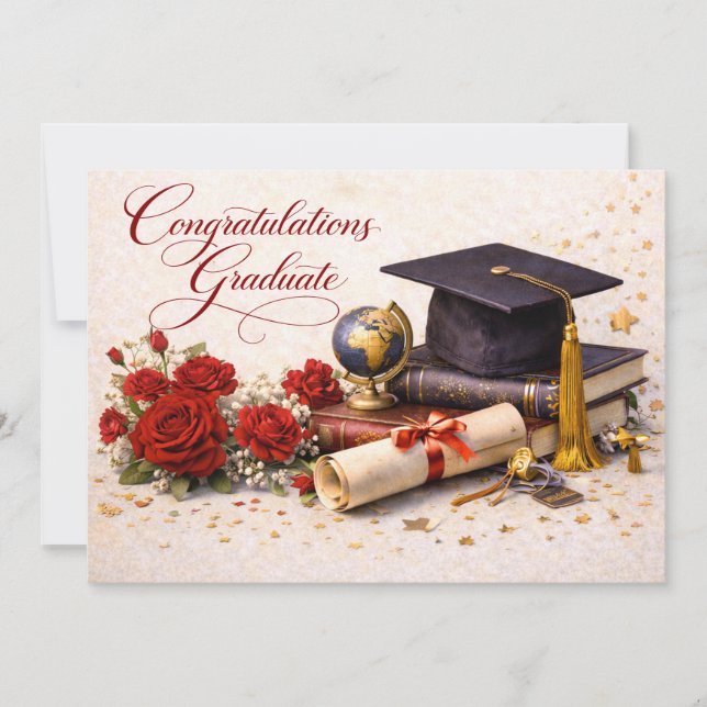 Cartão De Festividades Elegant Graduation Card with Red Roses (Frente)