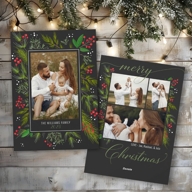 Cartão De Festividades Elegant Gray Christmas Greenery Wreath 4 Photo (Dark charcoal gray elegant script Merry Christmas botanical greenery wreath 4 photo holiday card)