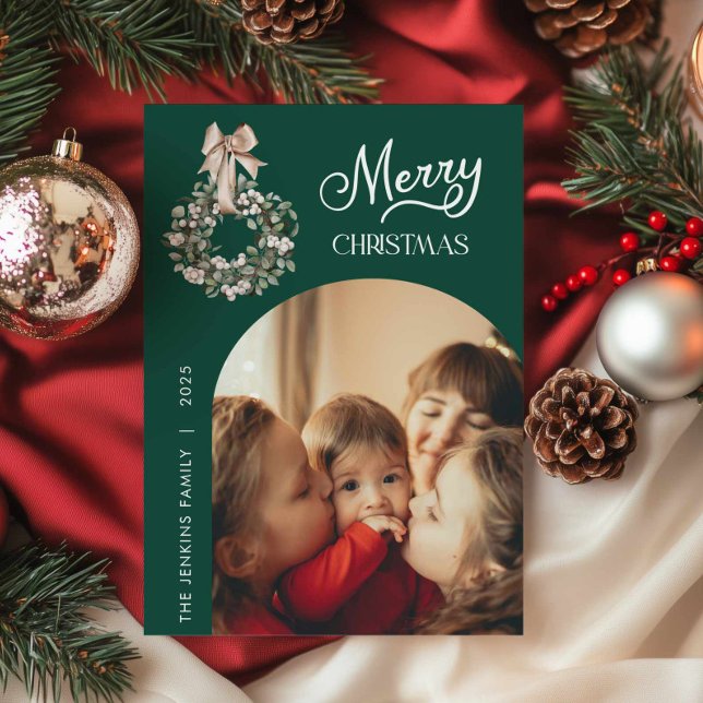 Cartão De Festividades Elegant Green Christmas Arch Photo Card (Green Merry Christmas Photo Greeting Card)