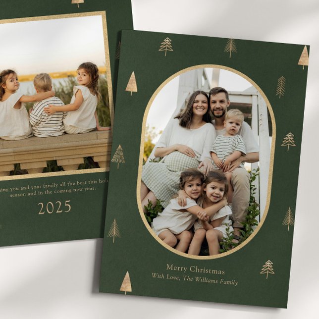 Cartão De Festividades Elegant Green Christmas Photo Card with Gold Trees (Criador carregado)