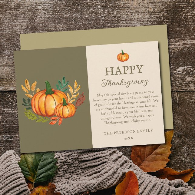 Cartão De Festividades Elegant Green Fall Pumpkin Happy Thanksgiving Card (Elegant Rustic Fall Pumpkin Happy Thanksgiving Card)