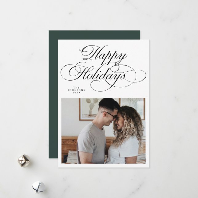 Cartão De Festividades Elegant Green Happy Holidays Photo Christmas  (Frente/Verso In Situ)