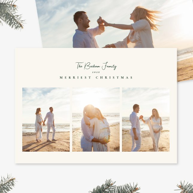 Cartão De Festividades elegant green merriest christmas 3 photo collage (Criador carregado)