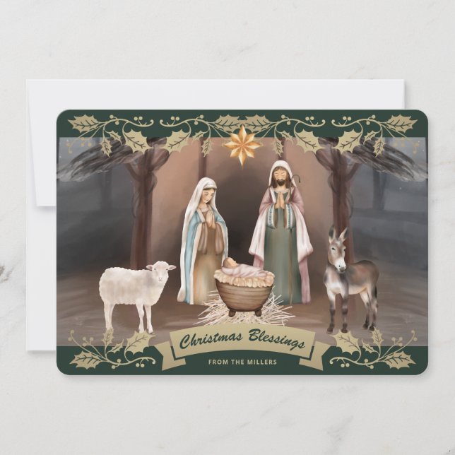 Cartão De Festividades Elegant Green Nativity Scene Christian Christmas (Frente)