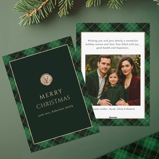 Cartão De Festividades Elegant Green Plaid Merry Christmas Photo   (Elegant Christmas Green Plaid Photo Card)