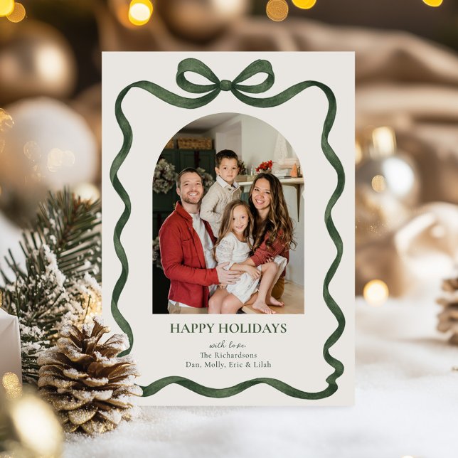 Cartão De Festividades Elegant Green Ribbon Holiday Photo Card (Criador carregado)