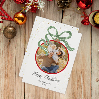Cartão De Festividades Elegant Green Ribbon Photo Christmas Card
