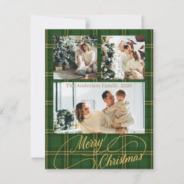 Cartão De Festividades Elegant Green Tartan Family Photo Christmas Card (Frente)