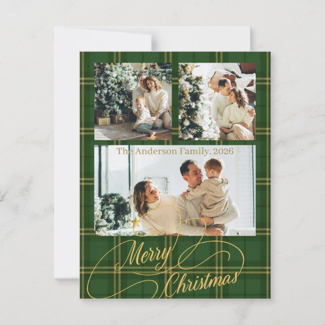 Cartão De Festividades Elegant Green Tartan Family Photo Christmas Card (Frente)