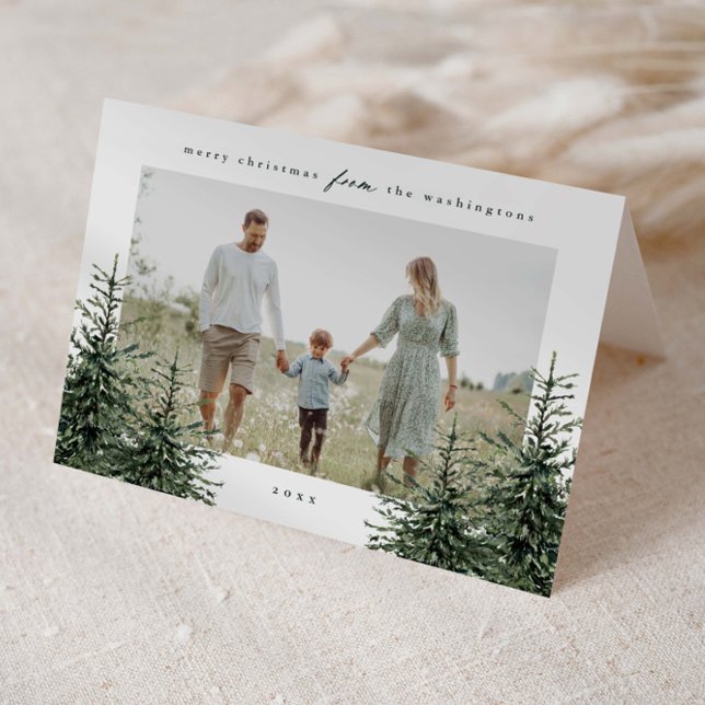 Cartão De Festividades Elegant Hand-painted Pine Tree Photo Christmas (Elegant hand painted watercolor Christmas trees 3 photo folded holiday cards.)