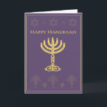 Cartão De Festividades Elegant happy hanukkah card<br><div class="desc">Elegant hanukkah greeting card with gold menorah on purple background with Star of David and olive trees.</div>