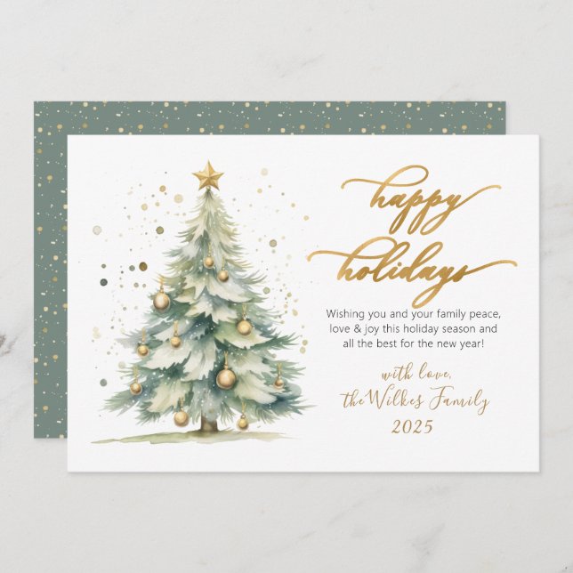 Cartão De Festividades Elegant Happy Holidays Gold Script Christmas Tree (Frente/Verso)